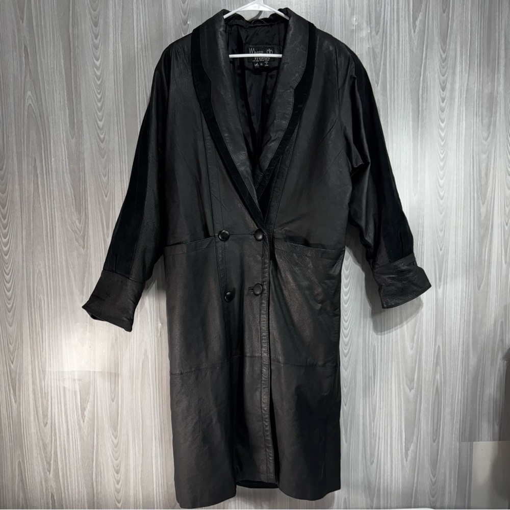 Marco Morani VTG Leather Coat Trench‎ Womens Black Suede Trim Jacket Classic M P